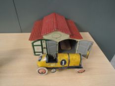A 1920's Lehmann (German) tinplate Double Garage set with clockwork and tinplate Galop Car, Sedan