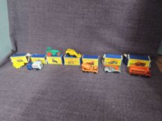 Seven Matchbox Lesney diecasts, 1 Diesel Road Roller, 8 Caterpiller, 15 Tippax Refuse Lorry, 17 8-