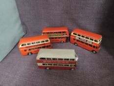 Four Triang Mimic tin plate and friction driven Double Decker Buses all with advertising decals