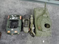 Three Action Man plastic Acccessories, Cherilea Tank, Cherilea Motorbike & Sidecar and Hasbro