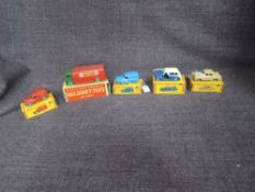 Five Dublo Dinky diecasts, 070 AEC Mercury Tanker, 061 Ford Perfect, 063 Commer Van, 067 Austin Taxi