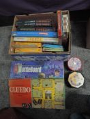 A box of vintage games including Ideal Battleboard, Spears Flying Hats and Coppit, Scrabble and