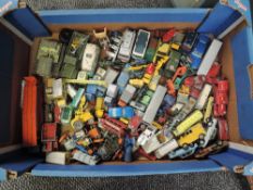 A box of playworn diecasts including Dinky, Corgi, Matchbox Lesney etc
