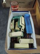 A collection of playworn diecasts including Dinky Foden Eight Wheel Flat Wagon, various Dinky Buses,