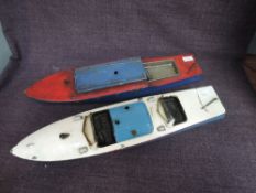 Two unnamed tinplate and clockwork Speed Boats, both 16' long