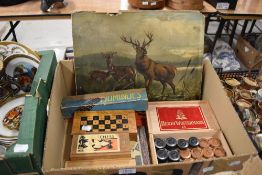 A collection of vintage toys including chess, draughts and dominoes and a textured print of a Deer
