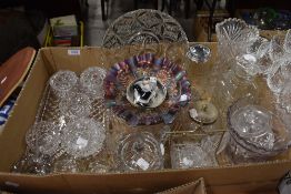 a pretty carnival ware frilled dish in purples, gold and blues, a pressed glass dressing table set