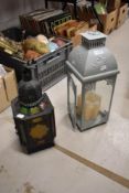 Two reproduction lanterns one having textured coloured glass.