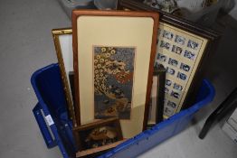 A selection of collectable art including a mounted and framed collection of stamps from the