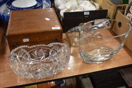 A modern glass vase, an oval cut glass dish and a vintage glass urine bottle along with a square