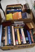 Two cartons of assorted genre books. Includes world travel such as Dorling Kindersley 'Warsaw,