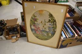A 20th century needle work embroidery depicting an 18th century Dandy lovers