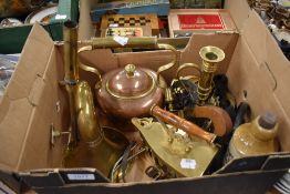 A reproduction English flintlock tinder lighter pistol, a collection of copper and brass items