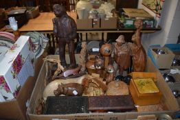 Three pretty carved boxes, and a selection of treen including a rustic nativity scene, a
