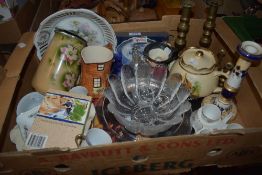 Two pairs of brass candlesticks, two glass bowls one having floating night light holders, a
