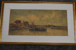 W Fox, ( 19th/20th century), a watercolour, thatched cottage church and river boat, signed and dated