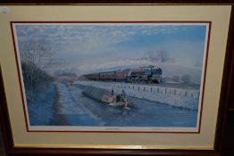 B J Freeman, (contemporary), after, a print, Autumn Frosts, canal boat and train, signed 40 x
