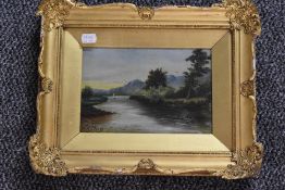 M C, (20th century), an oil painting, river scene, initialled and dated 1914, 15 x 21cm, fancy