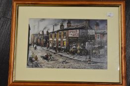 B M Mullen, (20th century), after, a print, Northern corner shop, 20 x 30cm, mounted framed and