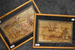 (20th century), a pair of banana leaf fibre pictures, landscapes, 26 x 36cm, framed and glazed, 29