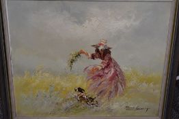 Marie Charlot, (20th century), an oil painting on board, stylised lady and dog, signed, 50 x 60cm,