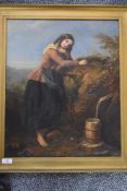 (19th century), an oil painting on board, Girl at the Well, not signed, 51 x 42cm, gilt effect