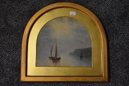 (19th century), a watercolour, sailing boats, unsigned, 21 x 23cm, gilt effect mounted arch framed