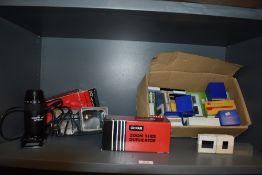 A Photox slide viewer and two OHNAR zoom slide duplicators and a box of various slides