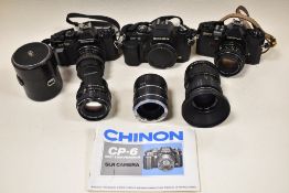 Three cameras and lenses. A Cosina CT1G with Chinon 1:2,8 28mm lens, a Cosina CT7 with Pentax-M 1: