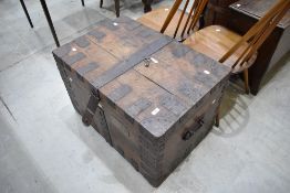 A Victorian military related strong box in Oak having cast metal banding bearing name plate for