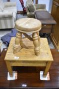 A traditional childs stool and small golden oak occasional table