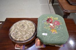 Two antique foot stools one in button form with embroidered top and similar four footed step stool