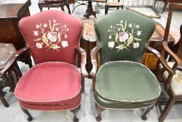Two early to mid 20th Century stained frame armchairs with embroidery decoration