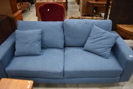 A modern settee having blue upholstery on chrome frame , width approx. 190cm, depth 82cm