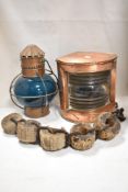 Two early 20th century ships lights one for port or starboard and similar mast light with blue