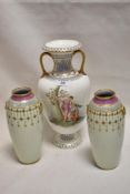 A porcelain mantel urn possibly Derby Porcelain, hand decorated with scenes of Paris and Cenone
