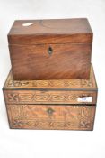Two Victorian tea caddies one of plain form with mahogany case with partial interior, other having