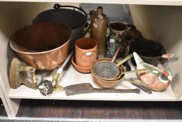 A selection of hardware and kitchen items including copper pan set, butchers cleaver and pheasant