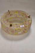 An Art Deco era glass Plaffonier light shade in mottled green and pink