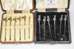 Two sets of poultry related cocktail sticks one set by Dixon with cockerel head tops and a similar