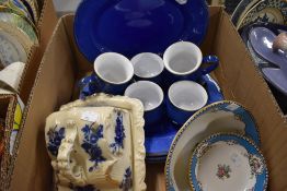 A selection of Denby mugs, a cheese wedge etc