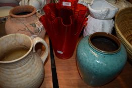 Four vintage ceramic vases including West German and Arthur Wood with a red glass glass