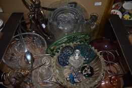 A box of glass ware and a modern Crosa figurine of a dancing couple