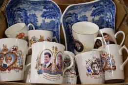 Two square pedestal footed Copeland Spode Italian dishes along with eleven cups/mugs commemorating