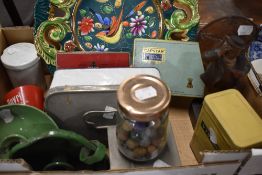 A jar of vintage marbles, a Quaregnon, Belgium display plate, two vintage green enamel chamber