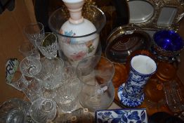 An Art Deco amber glass dressing table set, a Losol Ware blue and white vase, a hand painted milk