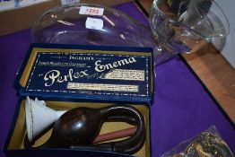 Ingram's Perfect Enema Kit, enamel funnel, glass funnel and glass bed bottle