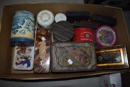 Nine vintage tins, a cash box and five small copies of The Bible.