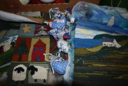 A group of modern flat woven wall hangings and felt art items