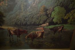 (19th/20th century), a print, river castle cattle, 38 x 51cm, re-painted framed and glazed, 57 x